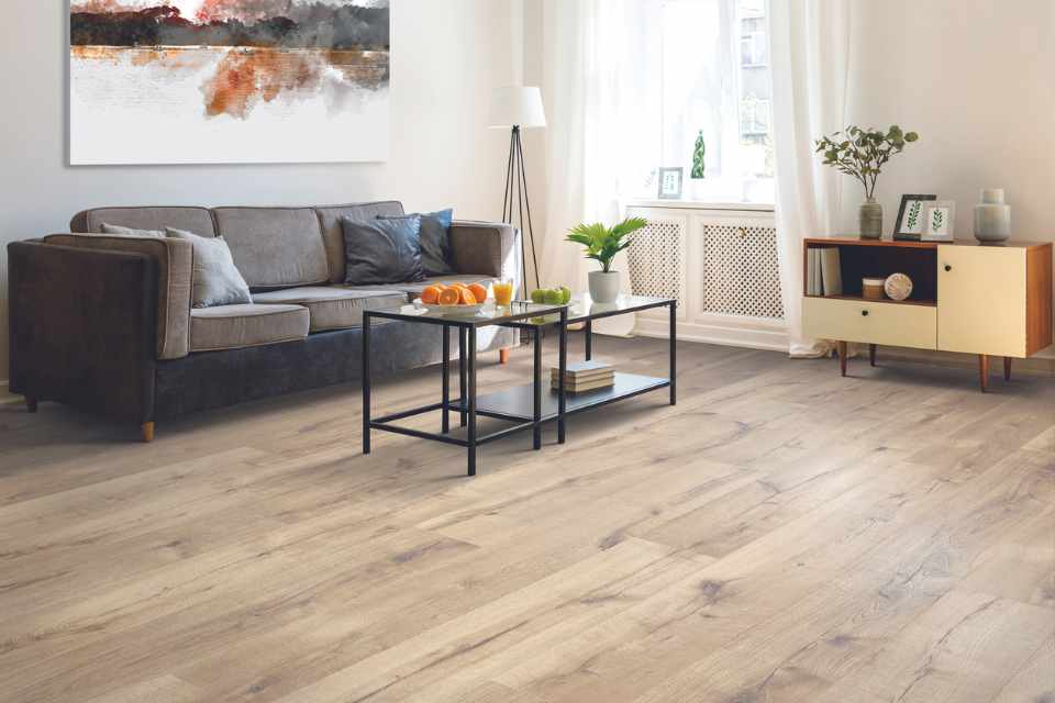 wood-look laminate in mid century modern living room